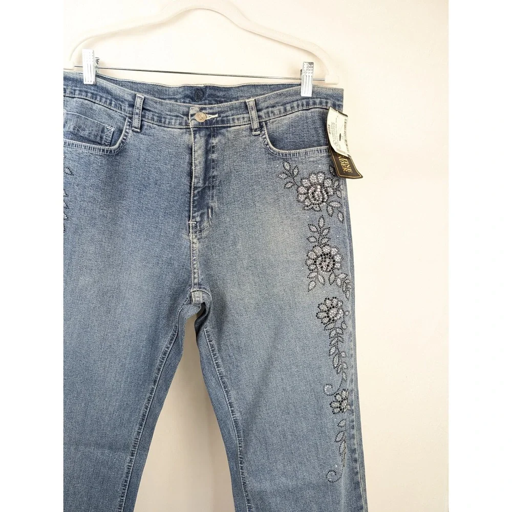 Vintage Y2K Christine Alexander Floral Crystal Embellished Denim Jeans Size 14 - Picture 2 of 9